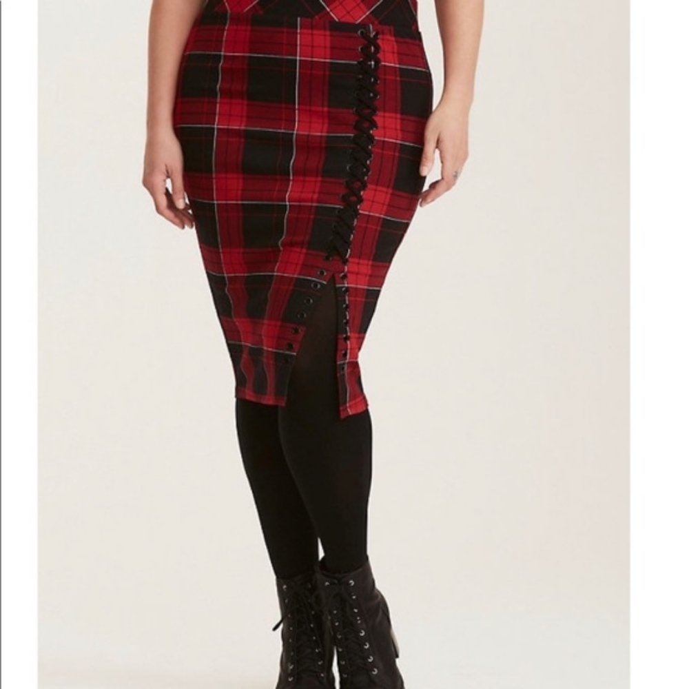 Torrid Red Plaid Lace Up Ponte Midi Pencil Skirt 2x